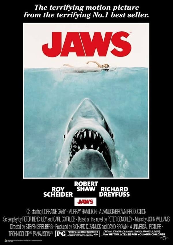 Filmography curation of Steven Spielberg's Jaws, film poster